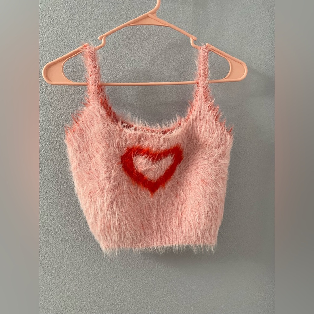 dELiA*s Pink Fuzzy Heart Tank Top with Red Accent